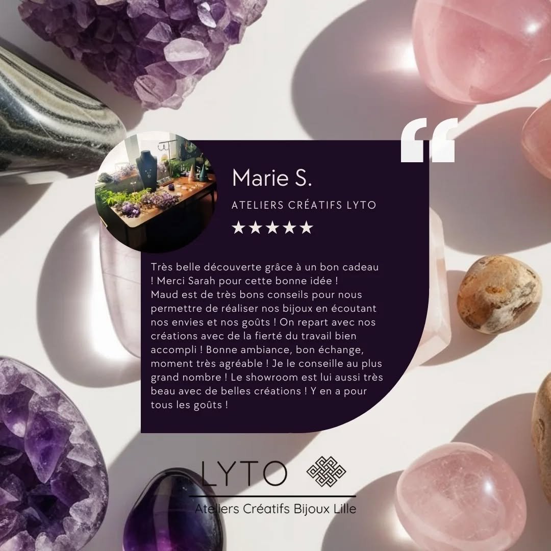 ⭐️⭐️⭐️⭐️⭐️ &eacute;toiles pour la cr&eacute;ativit&eacute; et le partage !&nbsp;
😊 Un grand merci &agrave; Marie S. pour son avis chaleureux sur les ateliers cr&eacute;atifs LYTO. Car c'est un plaisir pour moi de vous accompagner dans la r&eacute;al