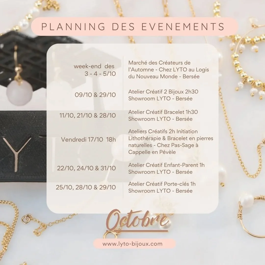 🍂✨&nbsp;Octobre : Un automne cr&eacute;atif chez LYTO&nbsp;✨🍂
🍁L&rsquo;automne s&rsquo;installe en P&eacute;v&egrave;le-Carembault 🍂 et notre Showroom &agrave; Bers&eacute;e s&rsquo;anime de rendez-vous joyeux autour des bijoux en pierres naturel
