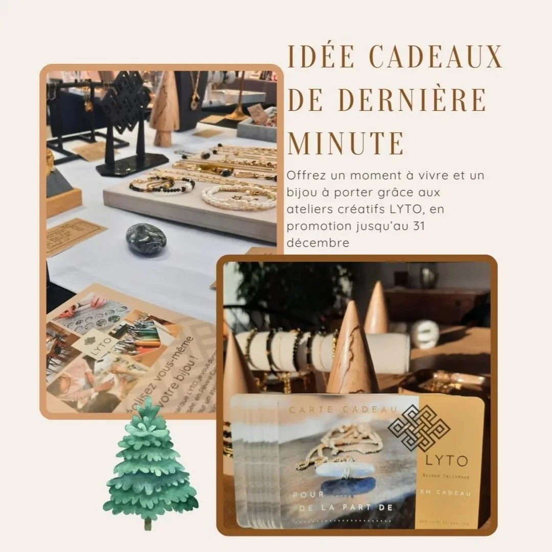 🎁&nbsp;Id&eacute;e cadeau de derni&egrave;re minute ⌛️ mais pleine de sens&nbsp;✨
✅️ Offrez bien plus qu&rsquo;un objet :&nbsp;un moment &agrave; vivre et un bijou &agrave; porter, gr&acirc;ce aux&nbsp;ateliers cr&eacute;atifs LYTO.
Au c&oelig;ur du