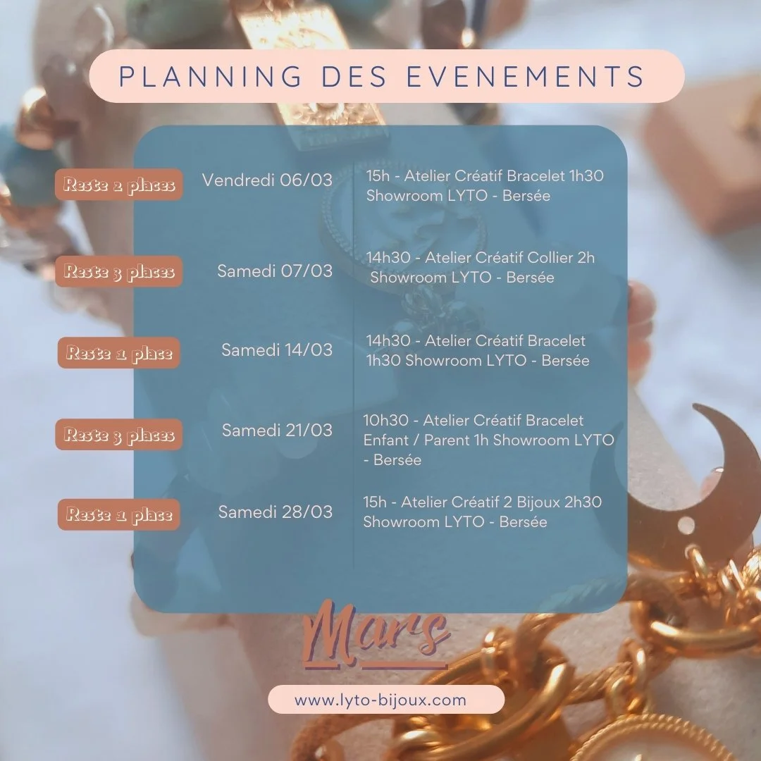 ✨ Agenda des Ateliers Cr&eacute;atifs en Mars chez LYTO ✨
Le printemps arrive&hellip; et avec lui de beaux moments de cr&eacute;ation 💫
En mars, je vous accueille au showroom LYTO &agrave; Bers&eacute;e pour des ateliers bijoux autour des pierres na