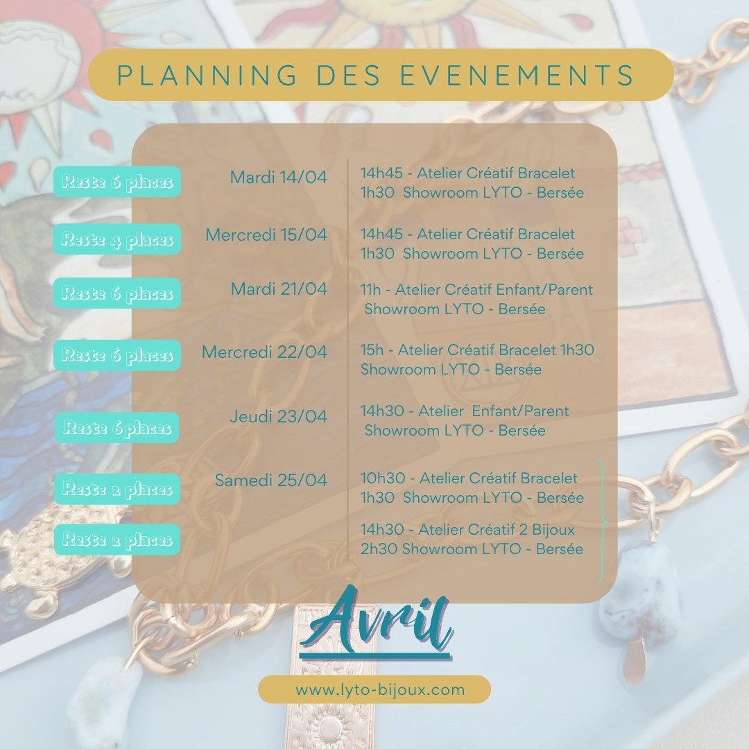 🌞 Go ! Ateliers Cr&eacute;atifs Sp&eacute;cial Vacances d&rsquo;Avril ! 🌿✨
Profitez des vacances pour vivre un moment cr&eacute;atif en famille ou entre amis dans mon showroom LYTO &agrave; Bers&eacute;e.
Bracelets, bijoux, ateliers enfants/parents