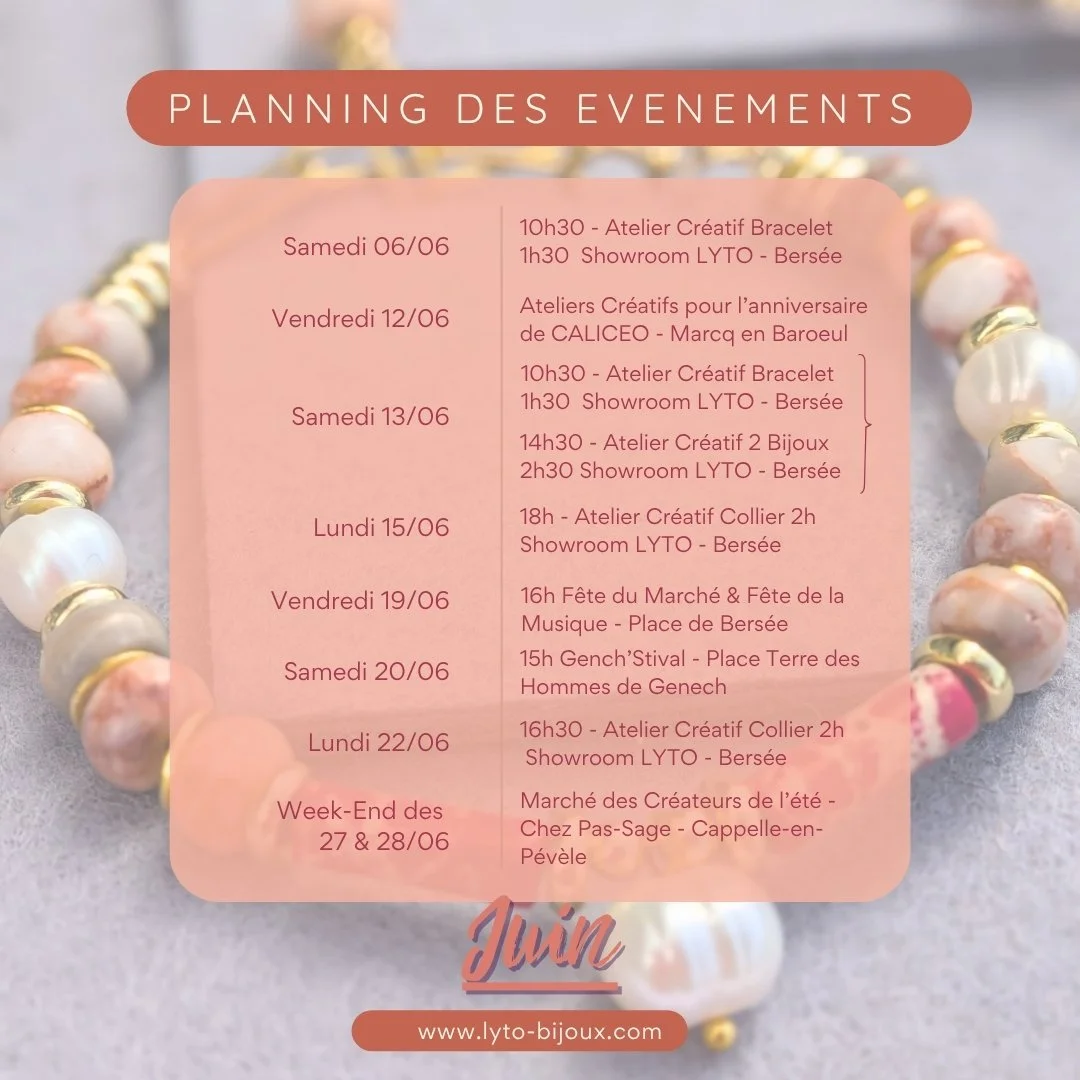☀️ LE PROGRAMME DE JUIN EST L&Agrave; ! ☀️
Coucou tout le monde ! Le mois de juin s'annonce ultra-festif, cr&eacute;atif et ensoleill&eacute; pour LYTO ! 🥰
Entre les ateliers pour cr&eacute;er vos propres merveilles 💍et les &eacute;v&eacute;nements