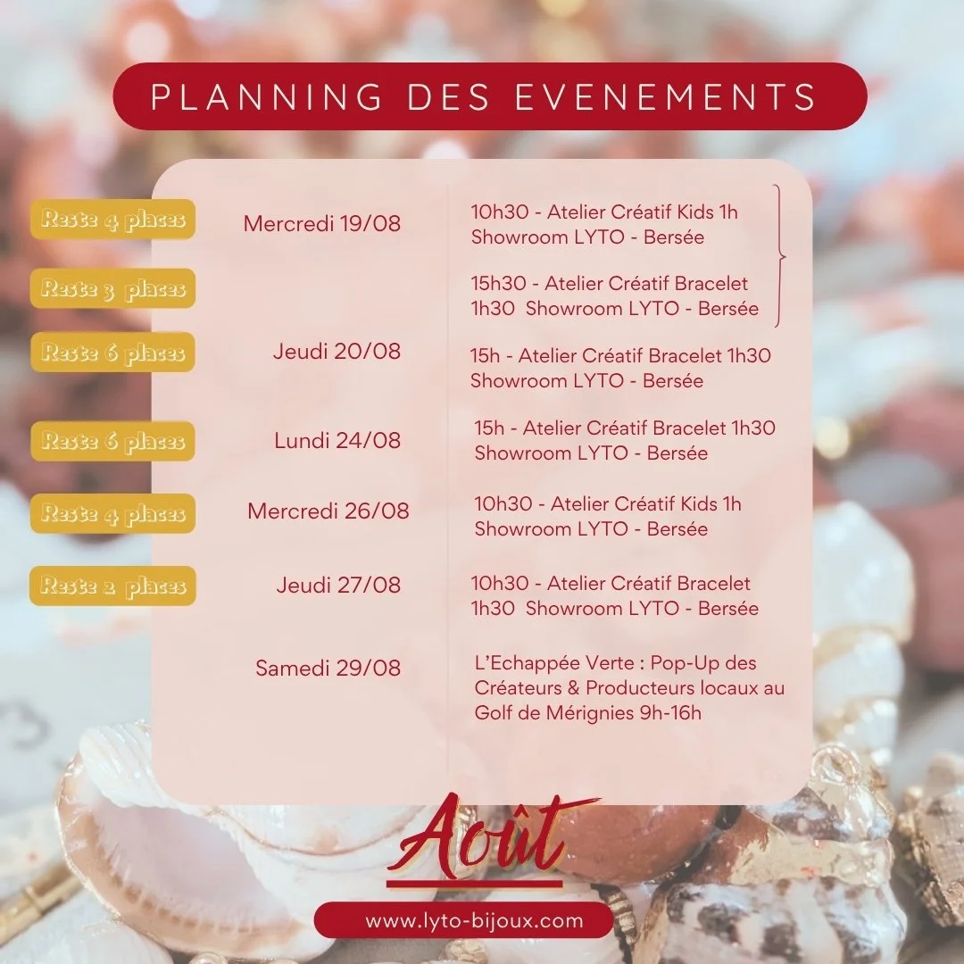 📅 L&rsquo;AGENDA D&rsquo;AO&Ucirc;T CHEZ LYTO 
Hello ! 
Le mois d&rsquo;ao&ucirc;t est bien install&eacute; et je suis ravie de vous d&eacute;voiler le programme de nos moments de partage &agrave; venir, apr&egrave;s la pause estivale 🌊 dont je pro