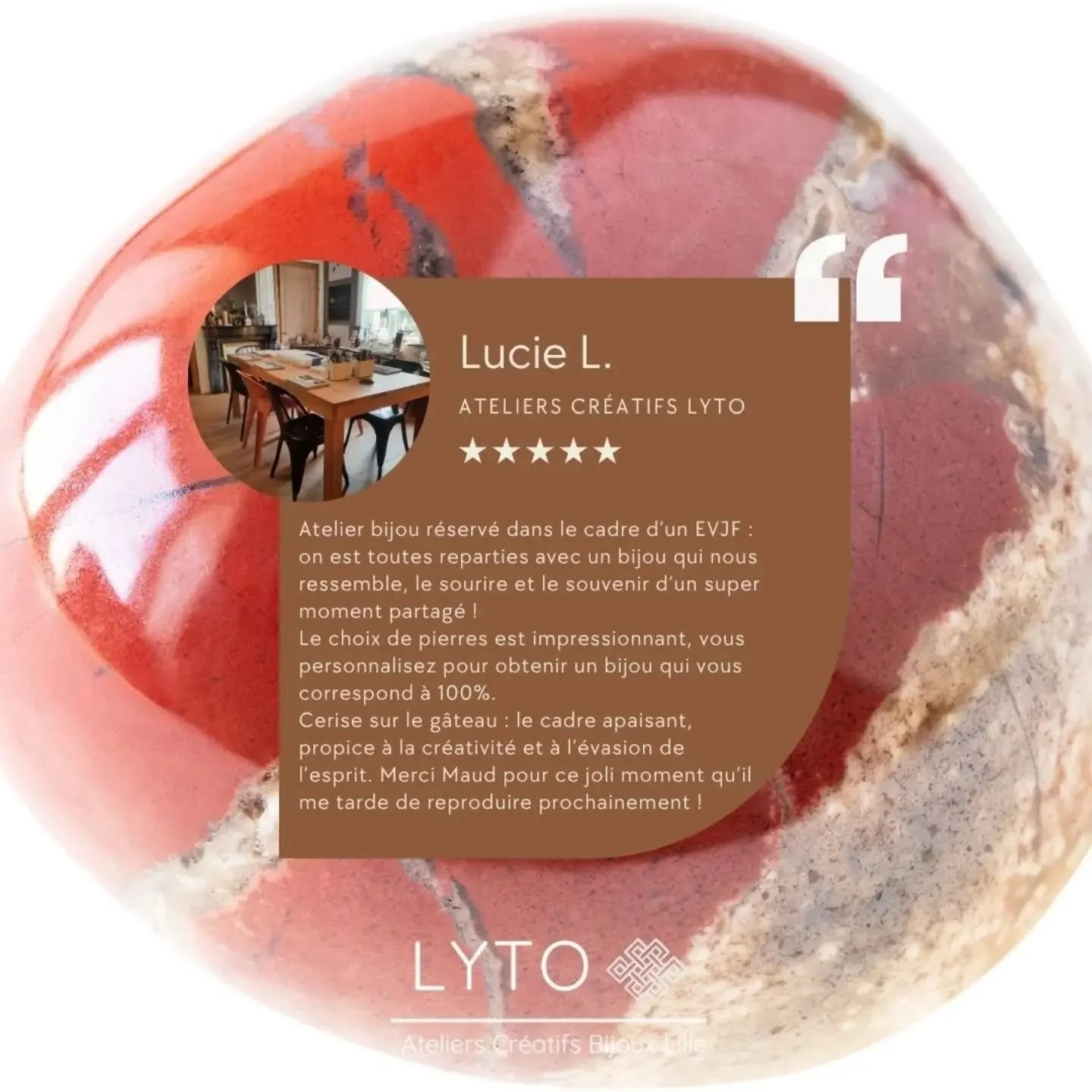 🤍 Cr&eacute;er son bijou unique et repartir avec des souvenirs plein la t&ecirc;te 🤩
Merci infiniment &agrave; Lucie pour ce superbe retour &agrave; la suite de son atelier bijou dans le cadre d'un EVJF ! 🎉
Chez LYTO, je mets un point d'honneur &a