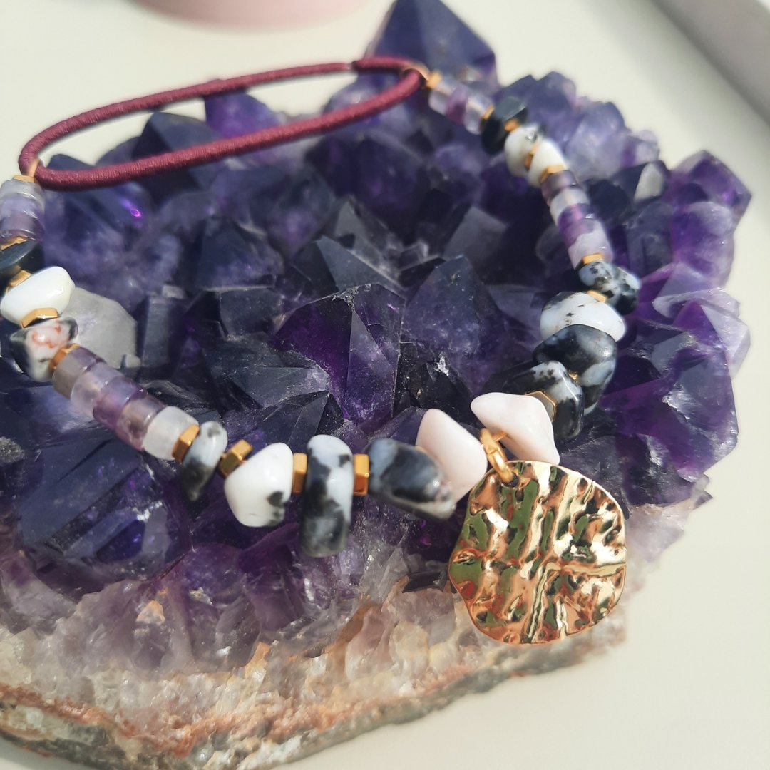 BRACELET ANIMA élastiqué Mix pierres brutes Jaspe Zèbre et Améthyste