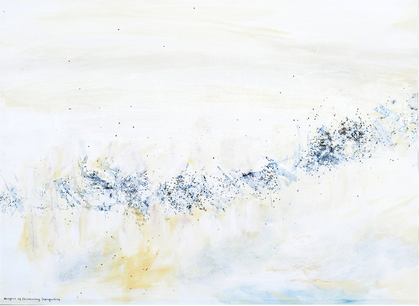 Painting by Madeleine Schachter. HORIZONS OF GLISTENING TRANQUILITY (Printed on glass) Commissioned in private collection. Materials pastels, metal leaf, crystals, watercolors, and crushed glass.