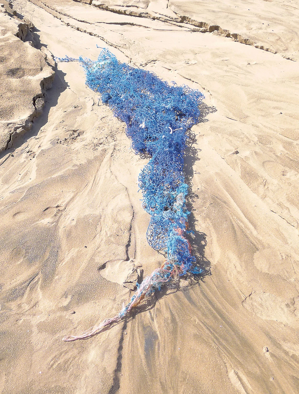 Mermaid, Left & Found Dozens of fishing nets found in the sand and knotted. 280 x 65 cm.
