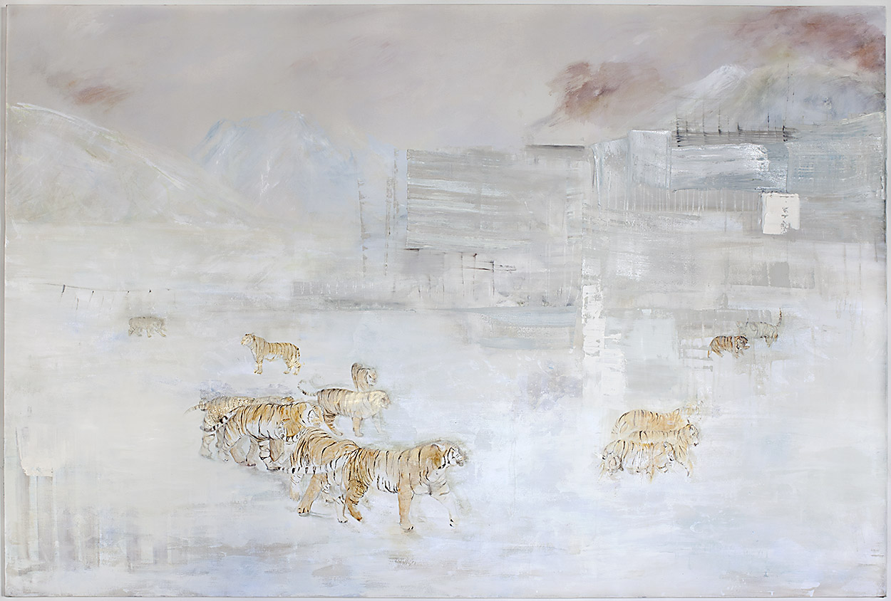    Tigris Altaica   Oil, acrylic, encaustic, eco paint and gold particles on canvas. 300 x 200 cm. 