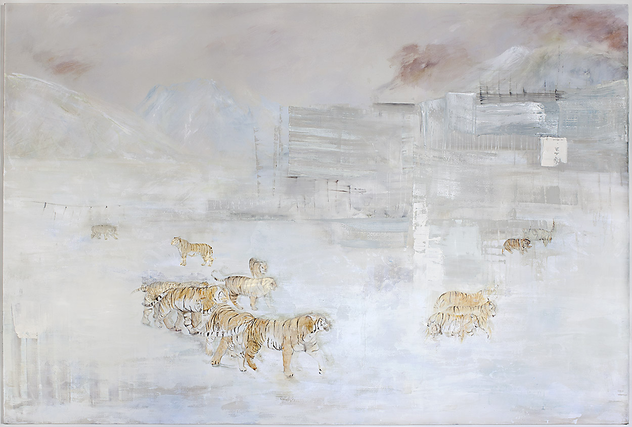 Tigris Altaica Oil, acrylic, encaustic, eco paint and gold particles on canvas. 300 x 200 cm.