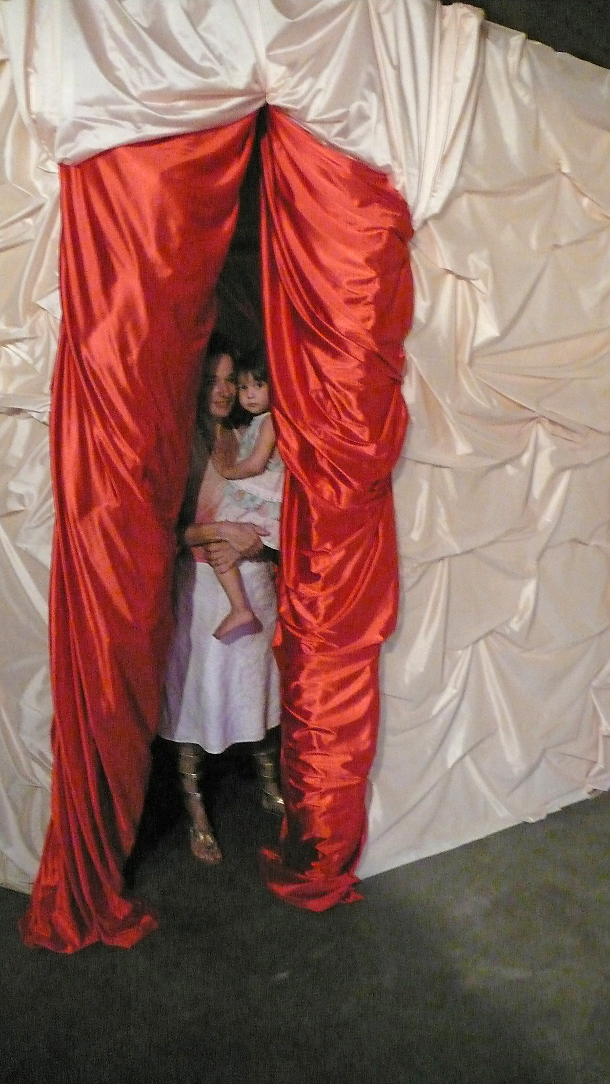  Eliana and Echo coming out of   The Womb Room  . A sensorial experience of regression where the video piece  Umbilical Love  shows in loop.  A self portrait of the artist´s journey into motherhood. 