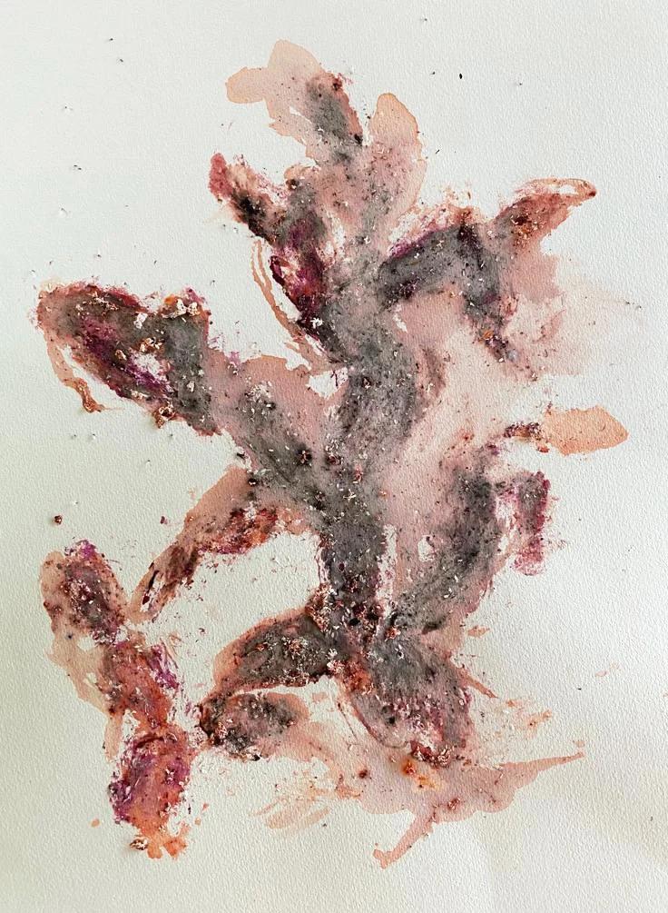 Cochineal on paper. In some cases some citric juices, vinegar, and gum Arabic. 