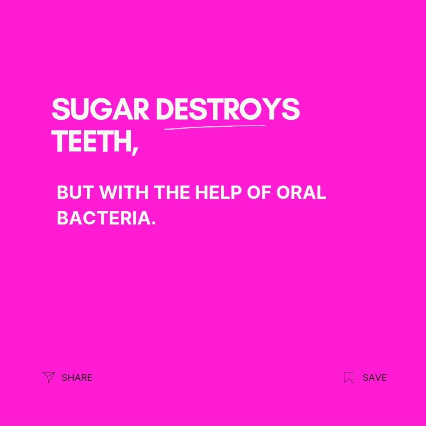When you eat sugar, you are feeding bacteria in your mouth. 

Bacteria break down sugar and carbohydrates and produce acids. 

Acid damage the enamel, the tooth breaks down, and is vulnerable to further attack from bacteria. 

#cavities #oralhealth #