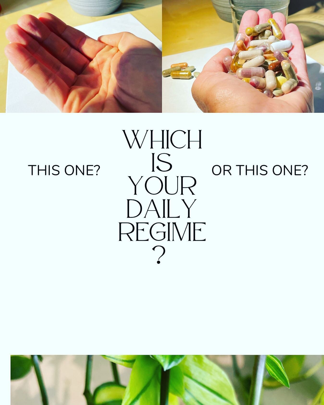 🌱All or Nothing?🌱
✔️ truth is most peeps should fall in the middle, low quantity supplements
✔️ Taking the same things for a year? Years?
✔️ Your regime should be dynamic. Eg: changes with your changes ( diet, stress levels, age, hormonal status)
✔