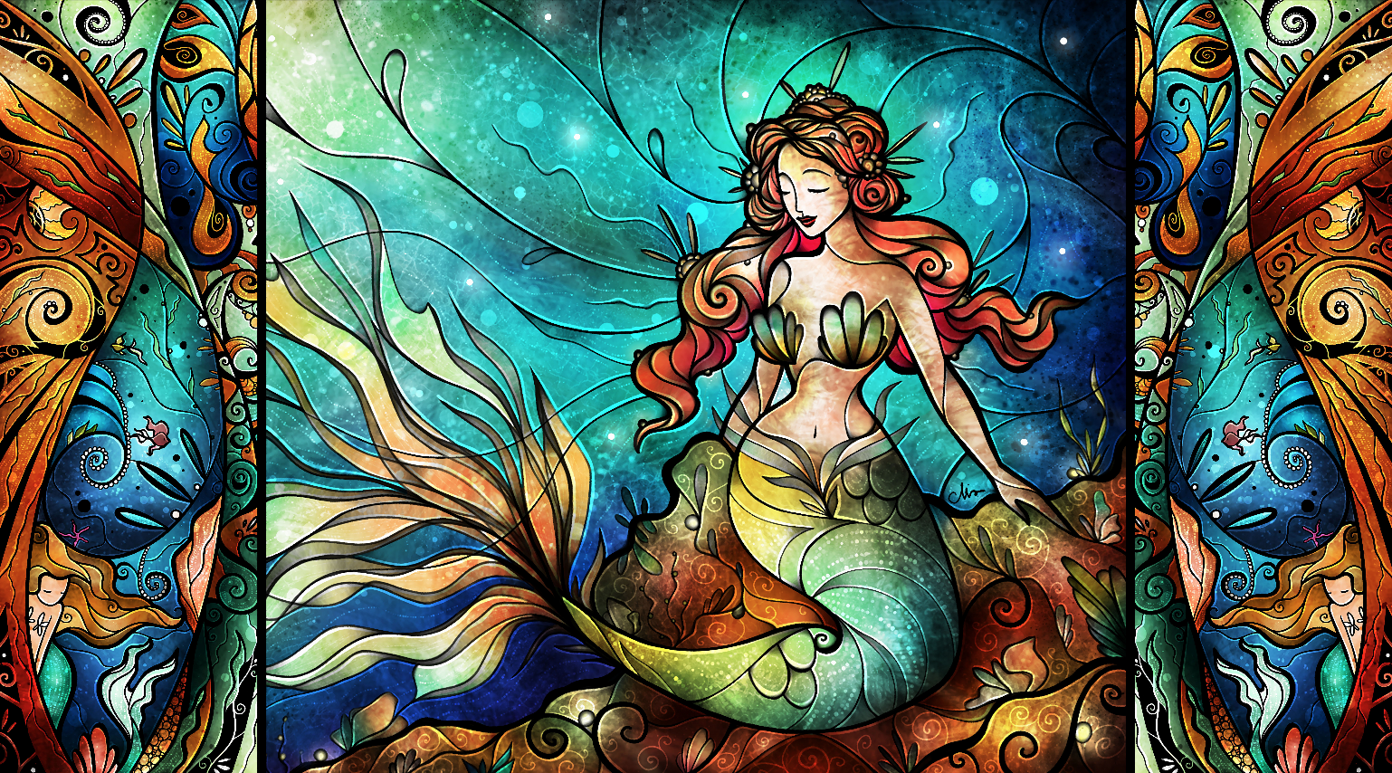 A colorful stained glass style illustration of a mermaid with long flowing red hair, sitting on a shell, surrounded by intricate patterns of ocean and seaweed.