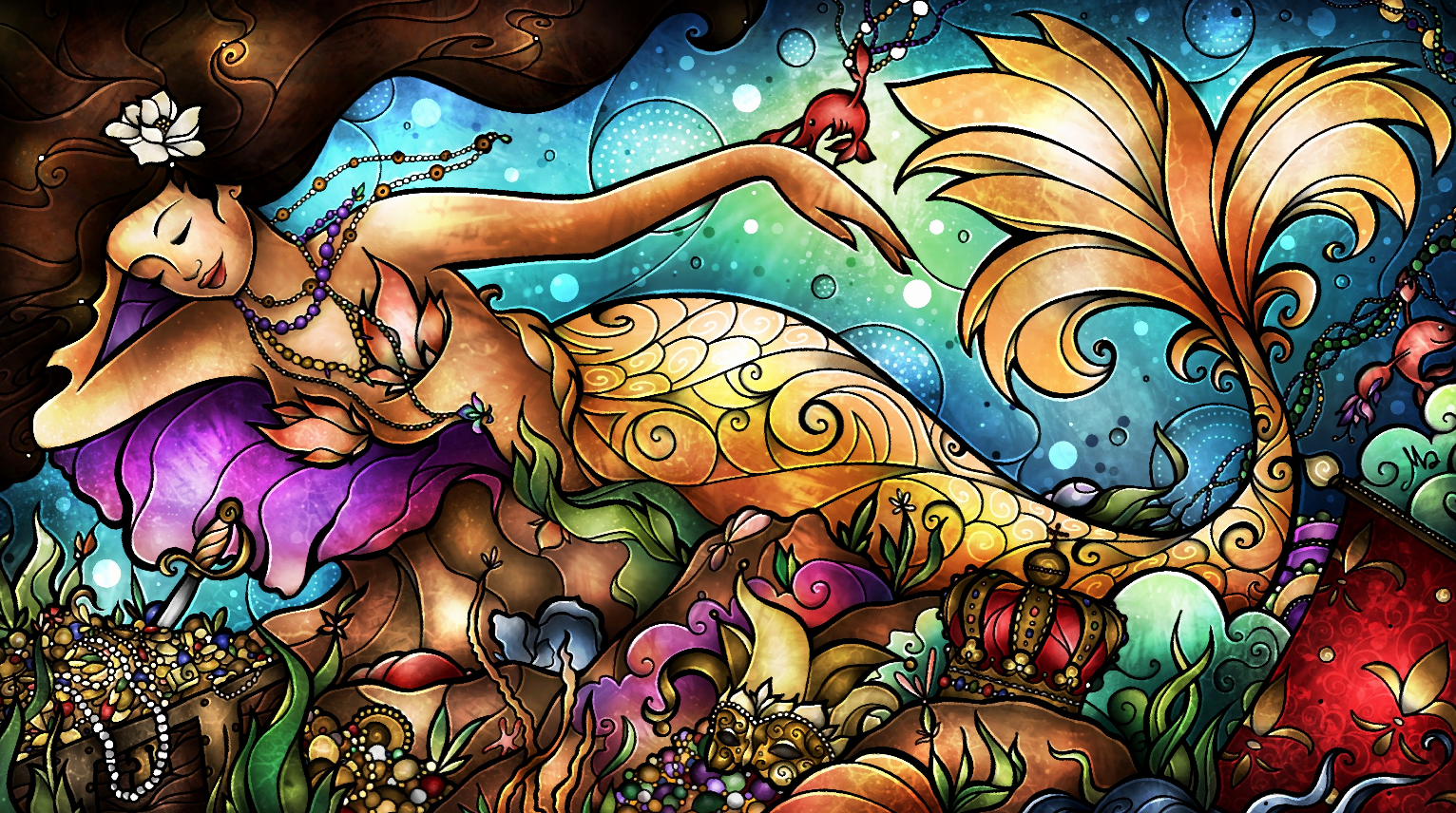 A vibrant, artistic depiction of a mermaid lounging amidst treasures like jewelry, a crown, and pearls, surrounded by colorful sea elements and decorative swirls.
