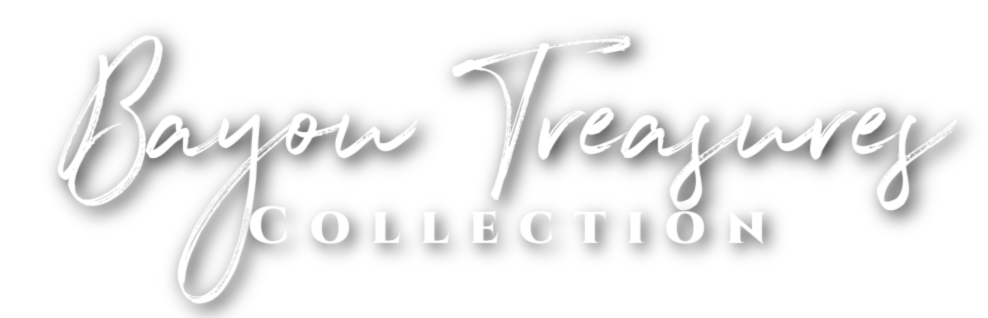 Logo for Bayou Treasures Collection with white cursive and uppercase font on a black background.