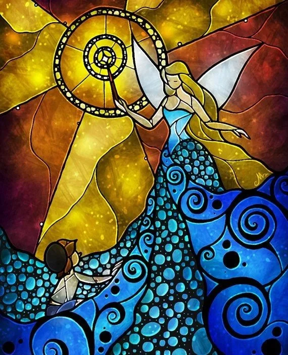 A stained glass artwork depicting a fairy with long flowing blonde hair, wearing a blue dress, reaching out towards a glowing, circular pattern in the sky surrounded by colorful abstract shapes.