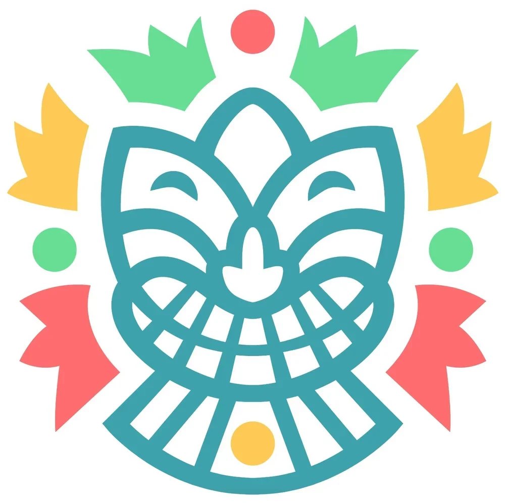 Colorful abstract design resembling a smiling face with floral and leaf motifs in green, yellow, red, and blue.