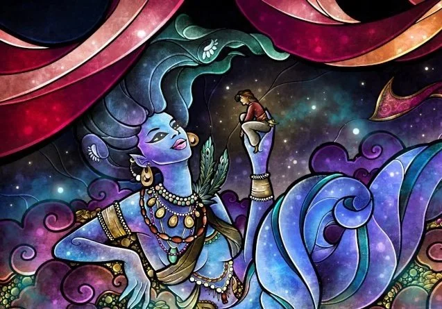 Colorful mystical artwork depicting a blue-skinned goddess with jewelry and a feathered headdress, holding a tiny person in her hand, against a cosmic background with swirling clouds and stars.