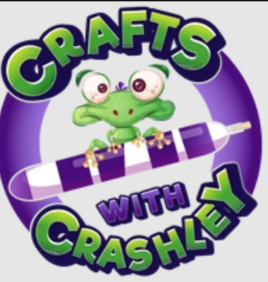A cartoon frog holding a purple and white screwdriver, with the text 'Crafts with Crashley' in colorful, playful letters.