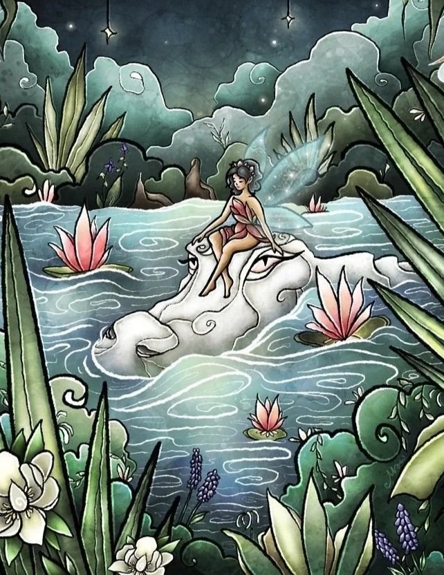 A fantasy scene of a woman with fairy wings sitting on a large white creature, possibly a dragon, in the middle of a pond surrounded by pink and white water lilies, tall green plants, and a cloudy, starry night sky.