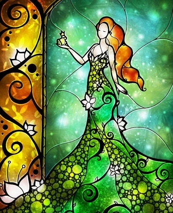 Colorful stained glass style artwork of a woman with long orange hair, wearing a flowing green dress with floral and swirl patterns, holding a yellow butterfly against a vibrant background of green, yellow, and blue hues.