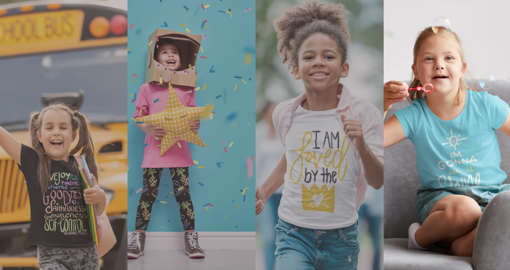 Four children engaging in different activities: the first girl is smiling and holding books in front of a school bus, the second girl is at a birthday party wearing a homemade robot costume with a cardboard box helmet and holding a star-shaped pillow, the third girl is running outdoors with a cheerful expression wearing a graphic t-shirt, and the fourth girl is sitting indoors blowing bubbles while smiling.