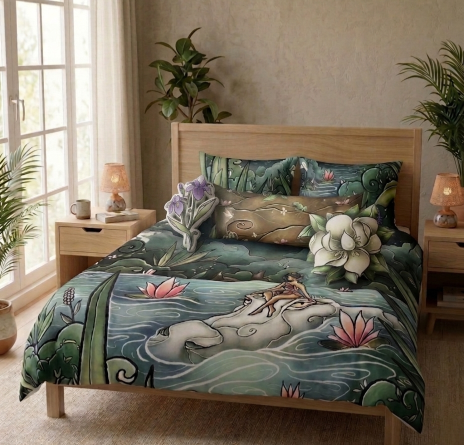 A bed with a colorful comforter featuring a water scene with lily pads, flowers, and a woman sitting on a rock. The bed has matching pillows and is in a room with natural light, potted plants, and wooden nightstands with lamps and a mug.