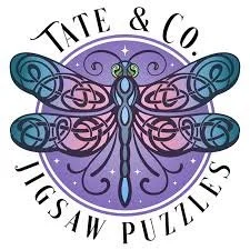 Tate & Co. Jigsaw Puzzles logo with a colorful dragonfly illustration inside a purple circle.