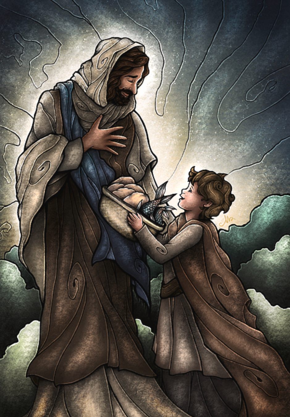 Illustration of Jesus Christ and a young boy exchanging fish and bread, symbolizing the biblical miracle of feeding the 5,000, with a glowing halo behind Jesus and a cloudy background.