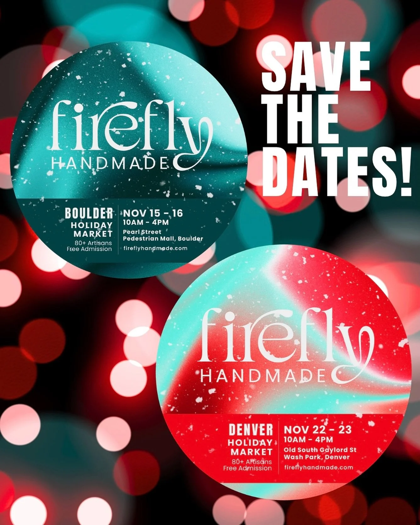 ❄️ The holidays are just around the corner and so are our Firefly Handmade Holiday Markets!

&nbsp;&nbsp;&nbsp;&nbsp; Boulder Holiday Market: November 15&ndash;16
  Denver Holiday Market: November 22&ndash;23

Join us for two weekends of inspired sho