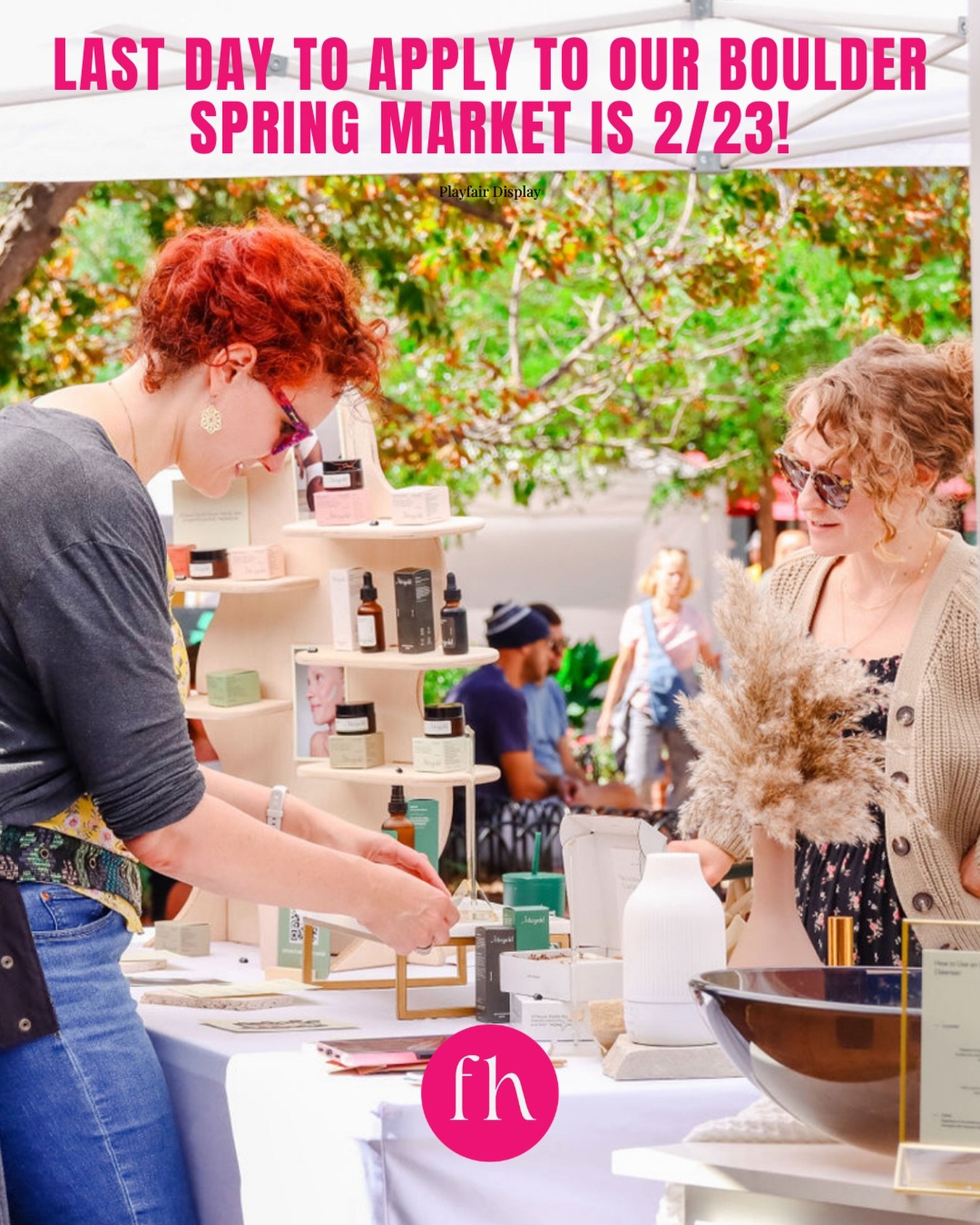 Only 6 days left to apply!

The application for our Boulder Spring Market is closing this Monday - these are the final days to apply!

If you&rsquo;ve been meaning to apply, don&rsquo;t wait, we&rsquo;d love to see your work and welcome makers, artis