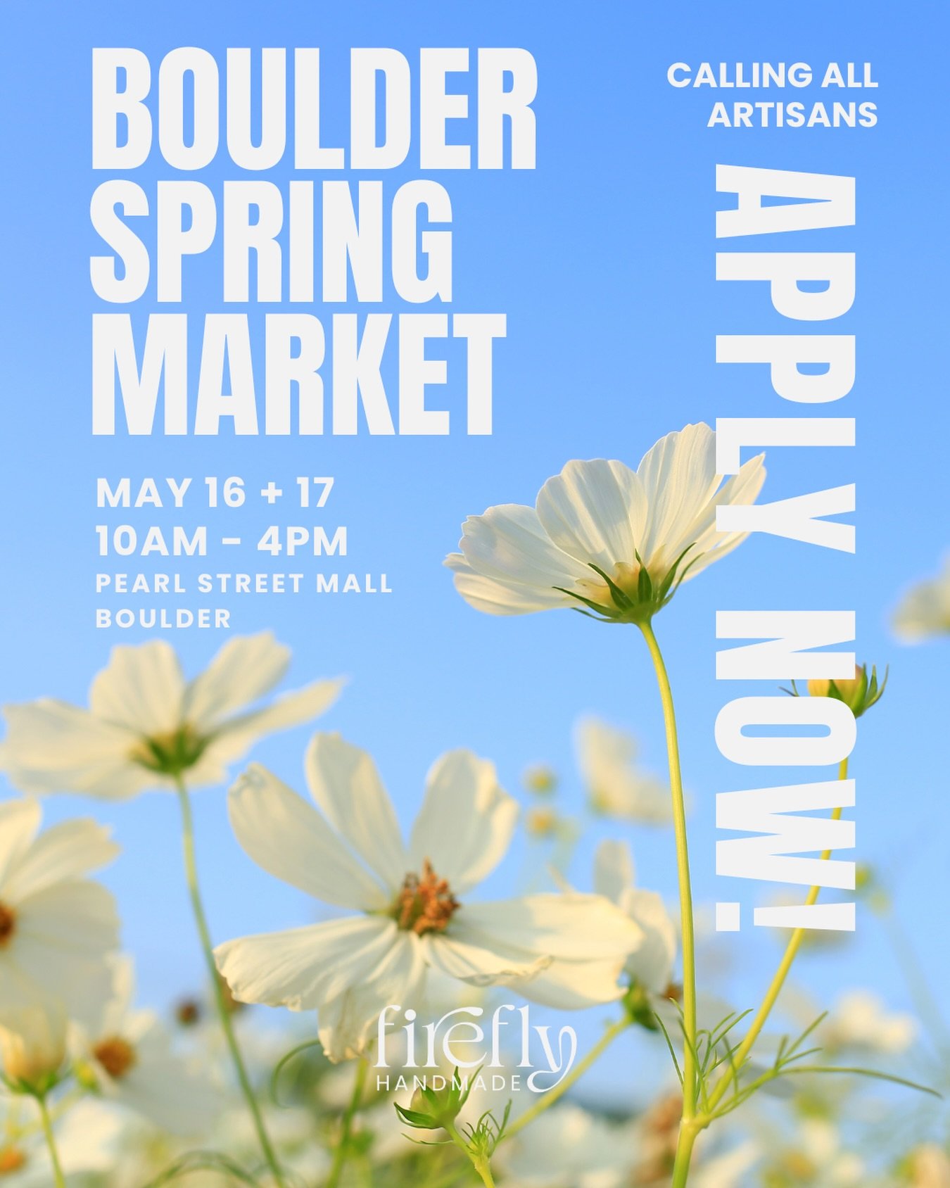Boulder Spring Market application is officially OPEN! 

We&rsquo;re so excited to welcome makers, artists, and designers from near and far to apply to be part of our Boulder Spring Market on the Pearl Street Mall. This market is all about connection,
