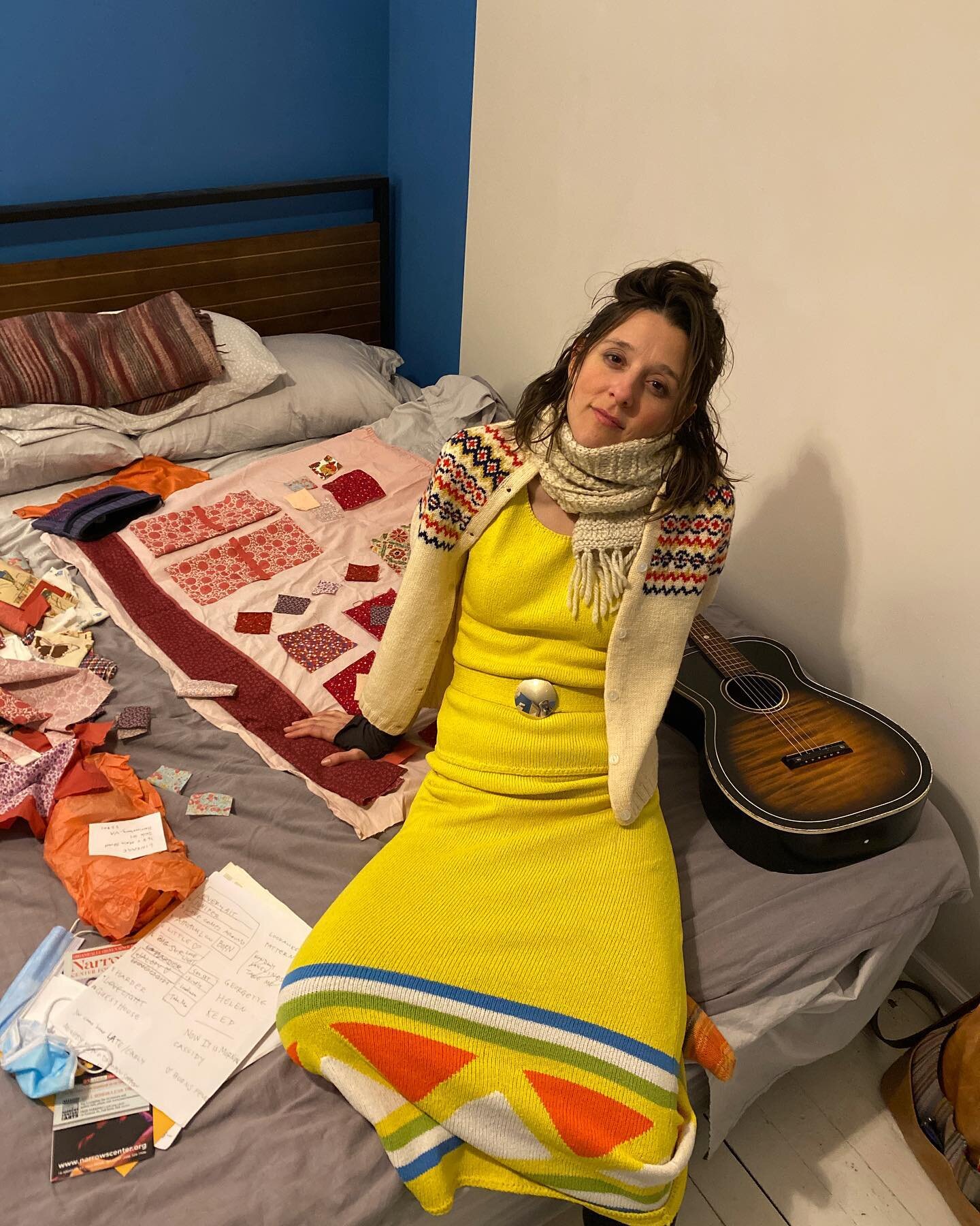 Remembering this pre-show or maybe post-show moment with the little quilt I am working on laid out behind me, the old parlor guitar we found in a pawn shop and my exhausted, proud, emotionally-zapped face. 

This was the second to last night of this 