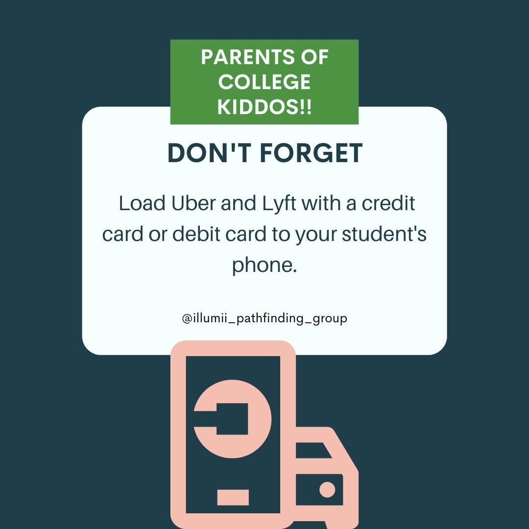 Making a good choice toward safety is easy if your kiddo is prepared! 

Loading Uber, Lyft, or a locak taxi service app into your kiddos phone is a super simple way to encourage good choices (along with the advice to have a friend along during the ri