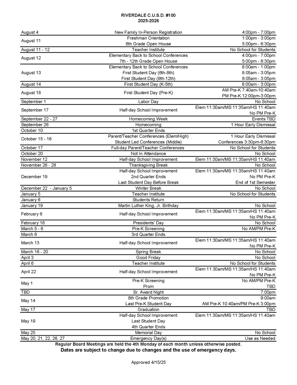 Calendars Riverdale School District Calendars Riverdale School District