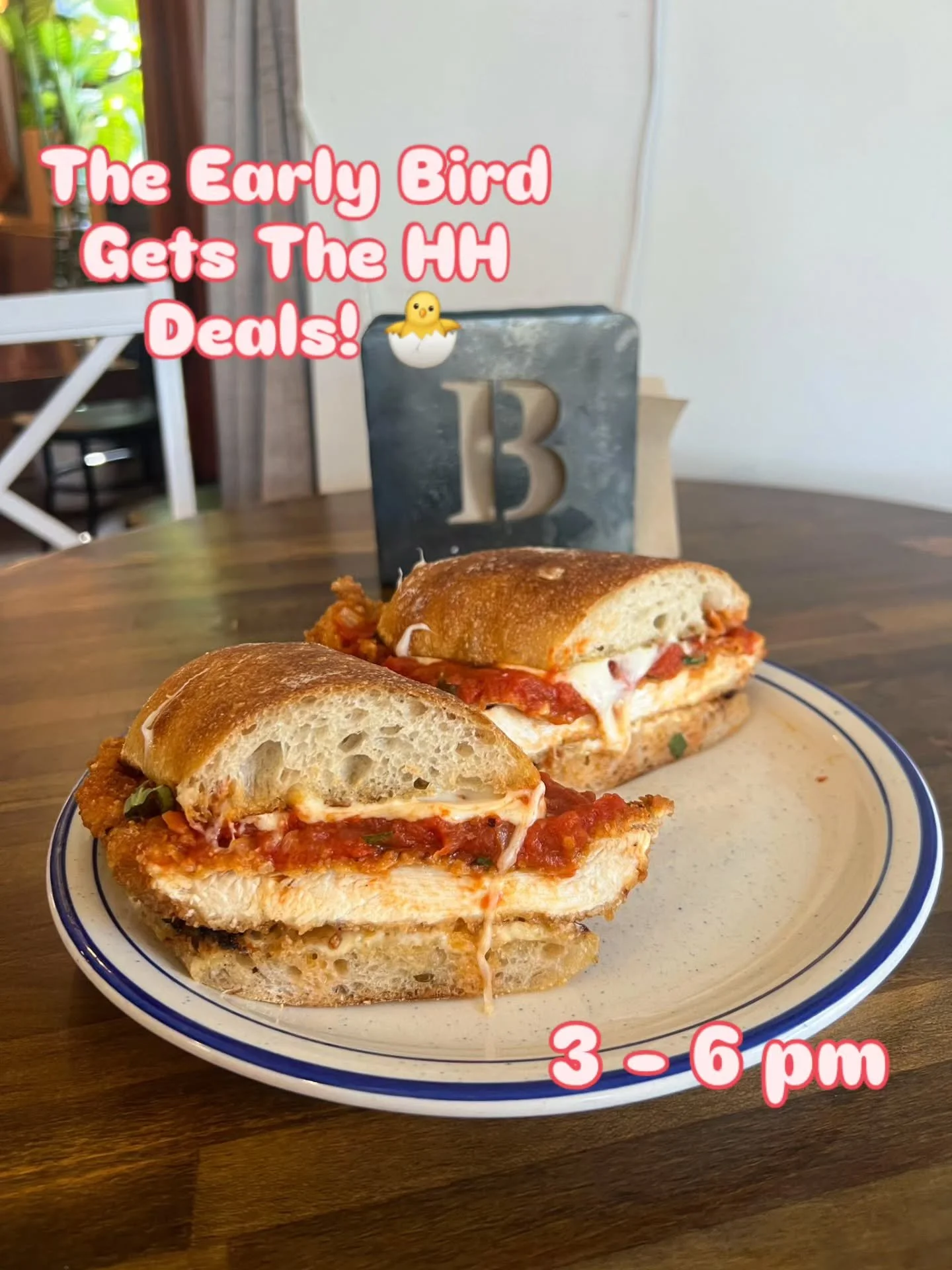 Enjoy this beautiful weather with some great Happy Hour specials from 3 - 6 today! ☀️🌱

$4 Beers
$8 Cocktails
$8 BTG Wine
$14 Chicken Parmesan on Sourdough Hoagie Bread