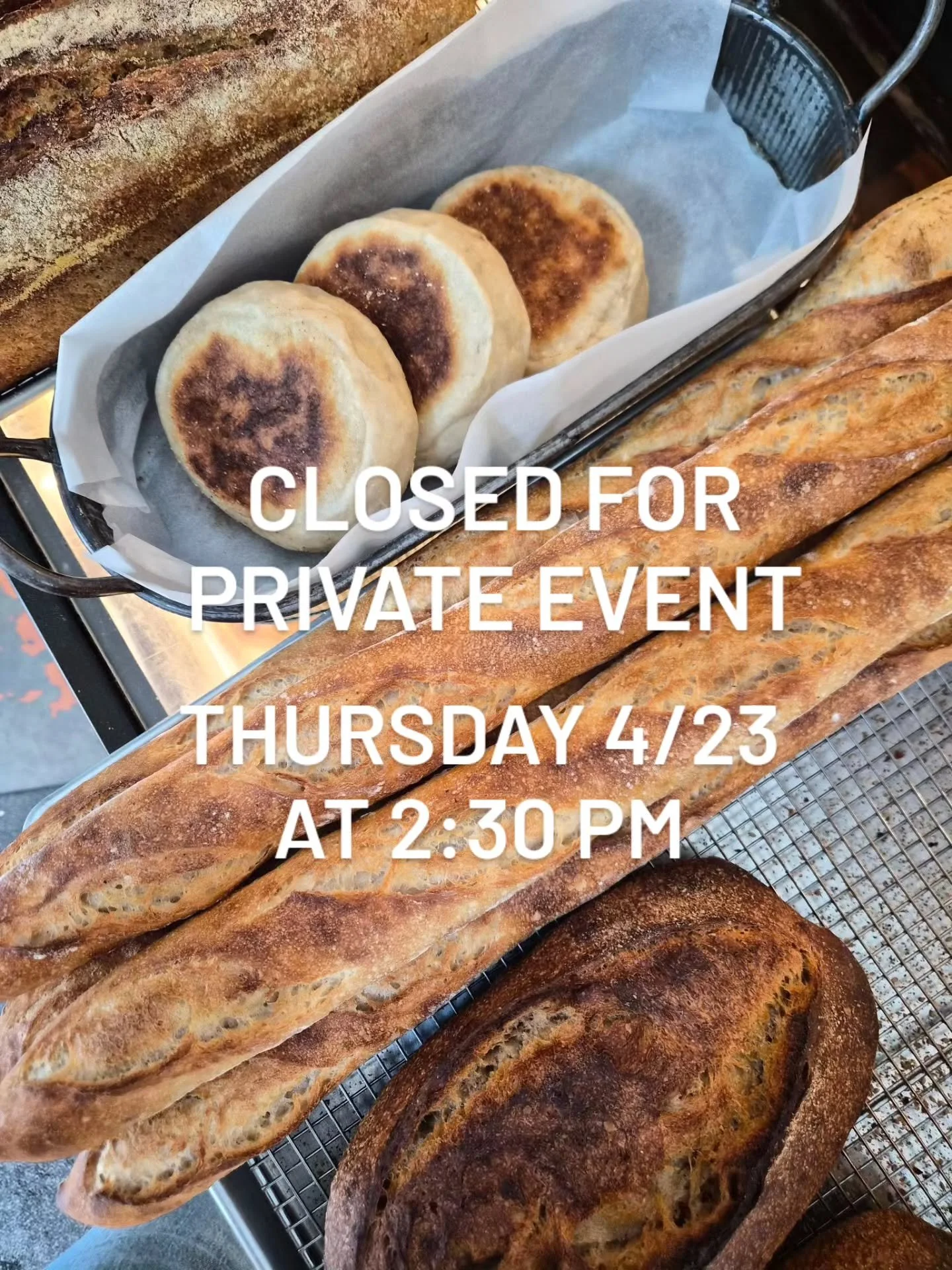 We will be closing tomorrow (4/23) at 2:30 pm for a private event. We hope to see you all a different time!

#bakery #charlottesville #shoplocal #sourdough