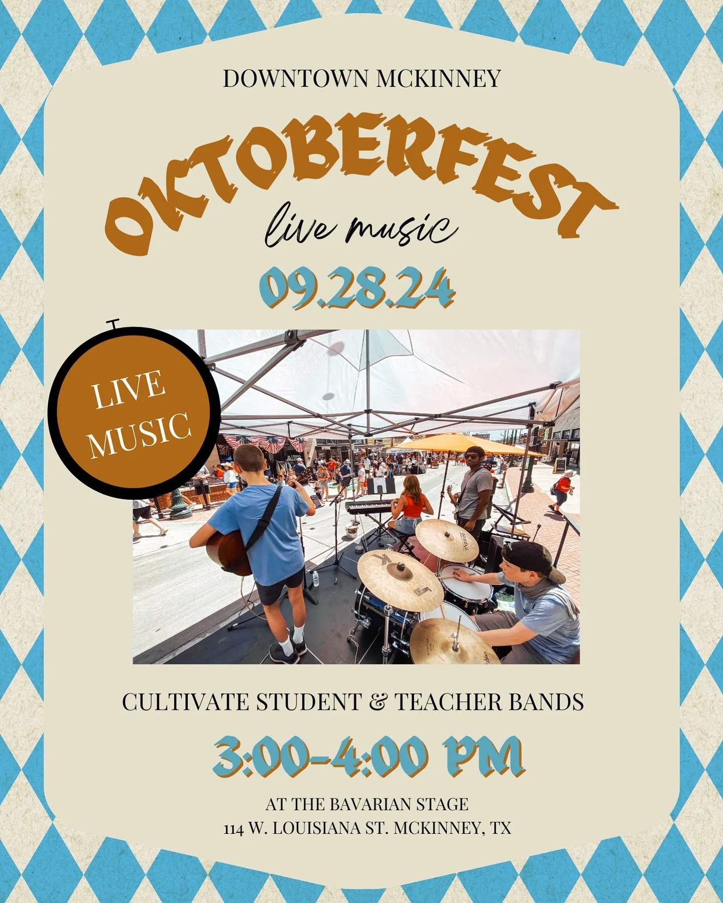 This Saturday! Come out to Oktoberfest in @downtownmckinney and check out some of our students and teachers performing from 3:00-4:00 pm at the Bavarian Stage at 114 W Louisiana St!