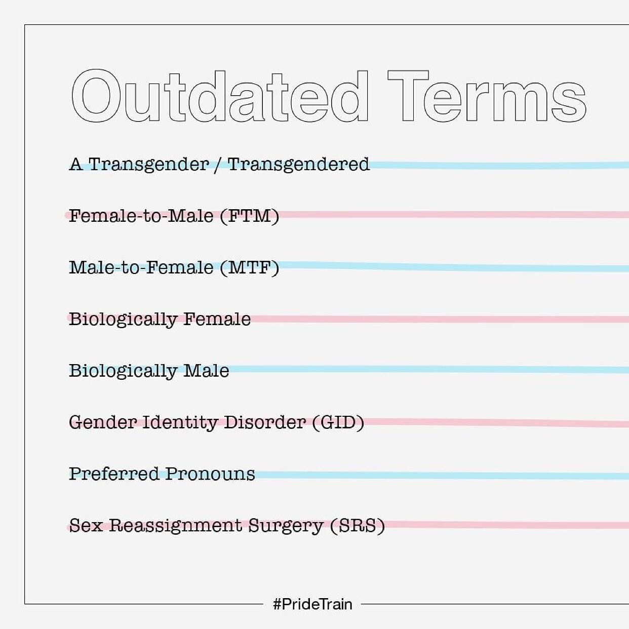 The more you know💡 Repost from @pridetrain
&bull;
A non-exhaustive list of
OUTDATE &amp; CURRENT TRANS TERMS

The power of language to shape our perceptions of other people is immense. While certain terms may have been commonly used years ago, they 