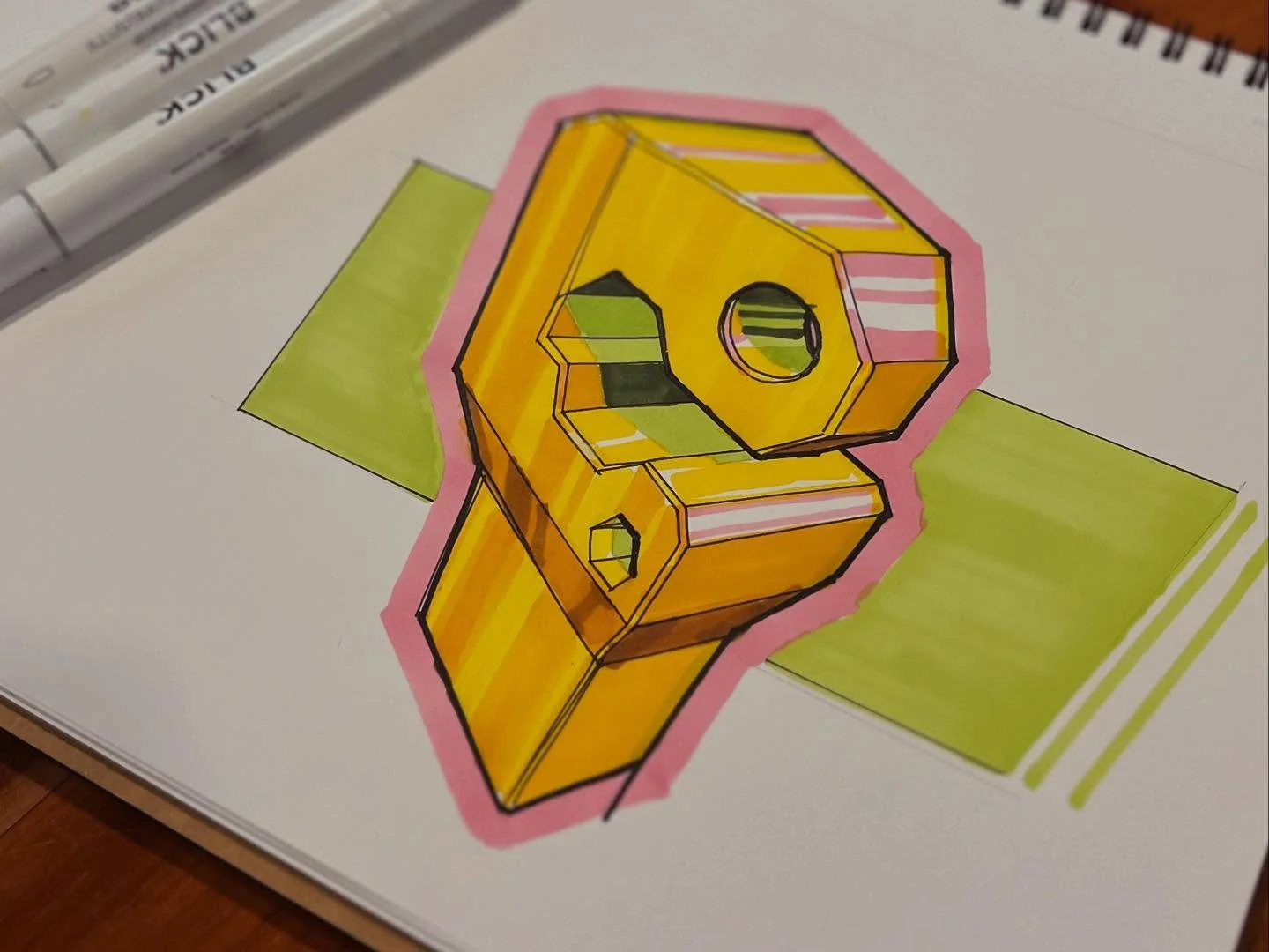 I was have fun with colors and blocky geometry. Behold, it&rsquo;s&hellip; something!

#productdesign #productsketch #designsketch #id #idsketch #idsketching #sketch #sketching #industrialdesign #sharpie #dailysketch #prismacolor #marker