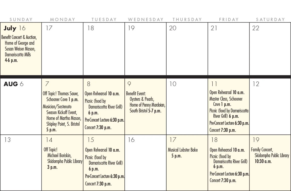 All events held at Darrows Barn unless otherwise indicated. Open rehearsals on concert mornings are free to the community.