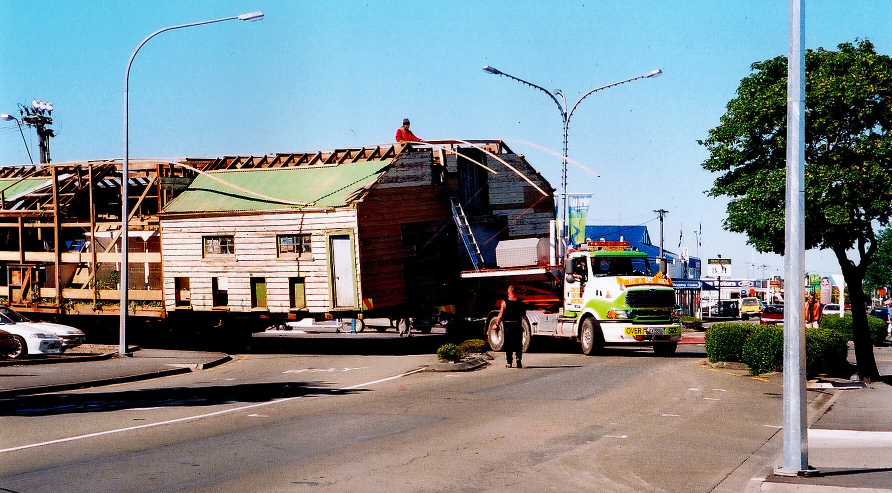 The historic Glendonald wool shed in Masterton, being trucked to The Wool Shed complex in 2003.