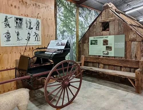 Drover’s gig, with bushman’s hut in background.