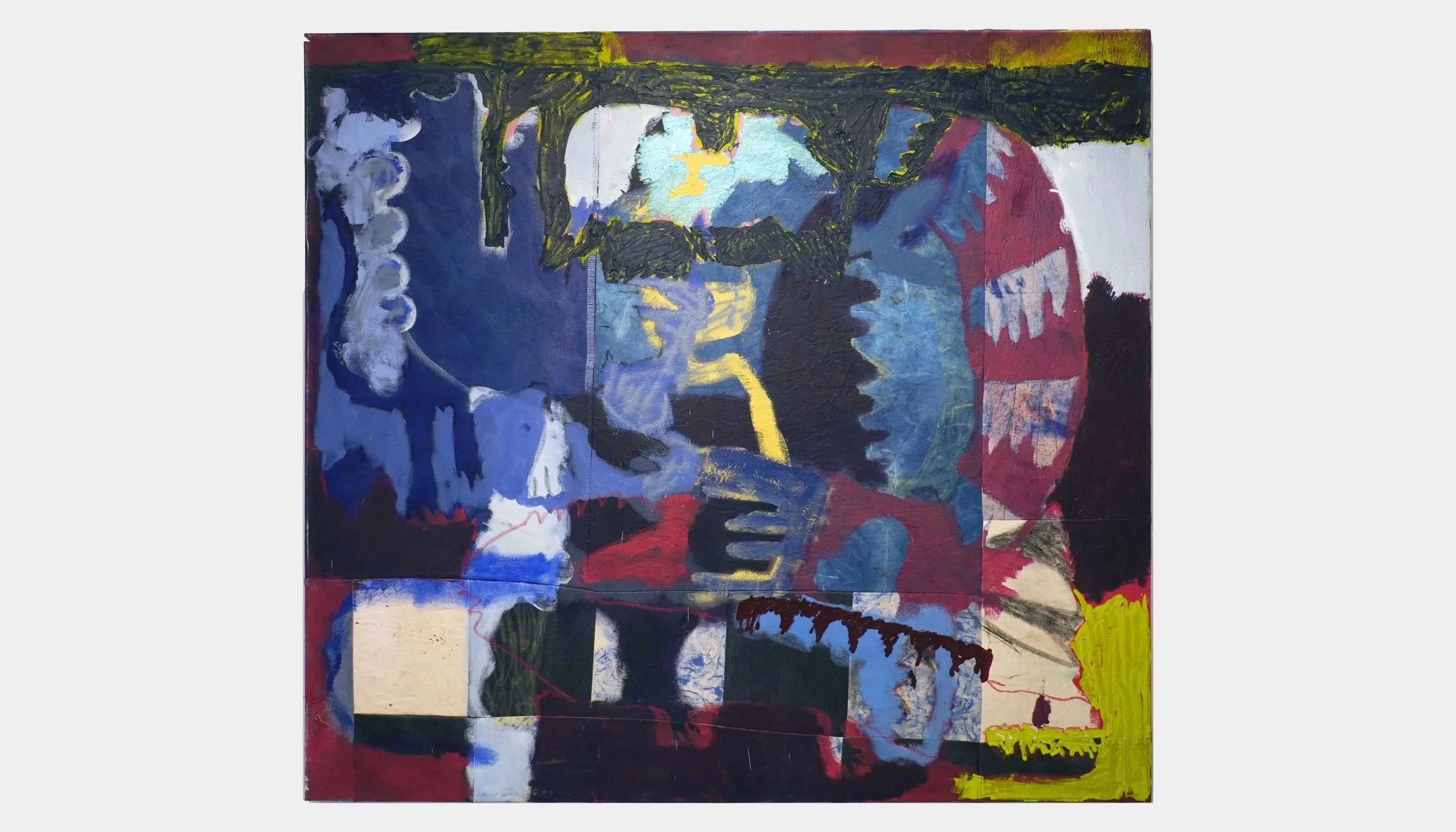 Checkers, Blue dyed canvas, rock relief on canvas, jeans, felt, oil and acylic, 59" x 64", 2021.