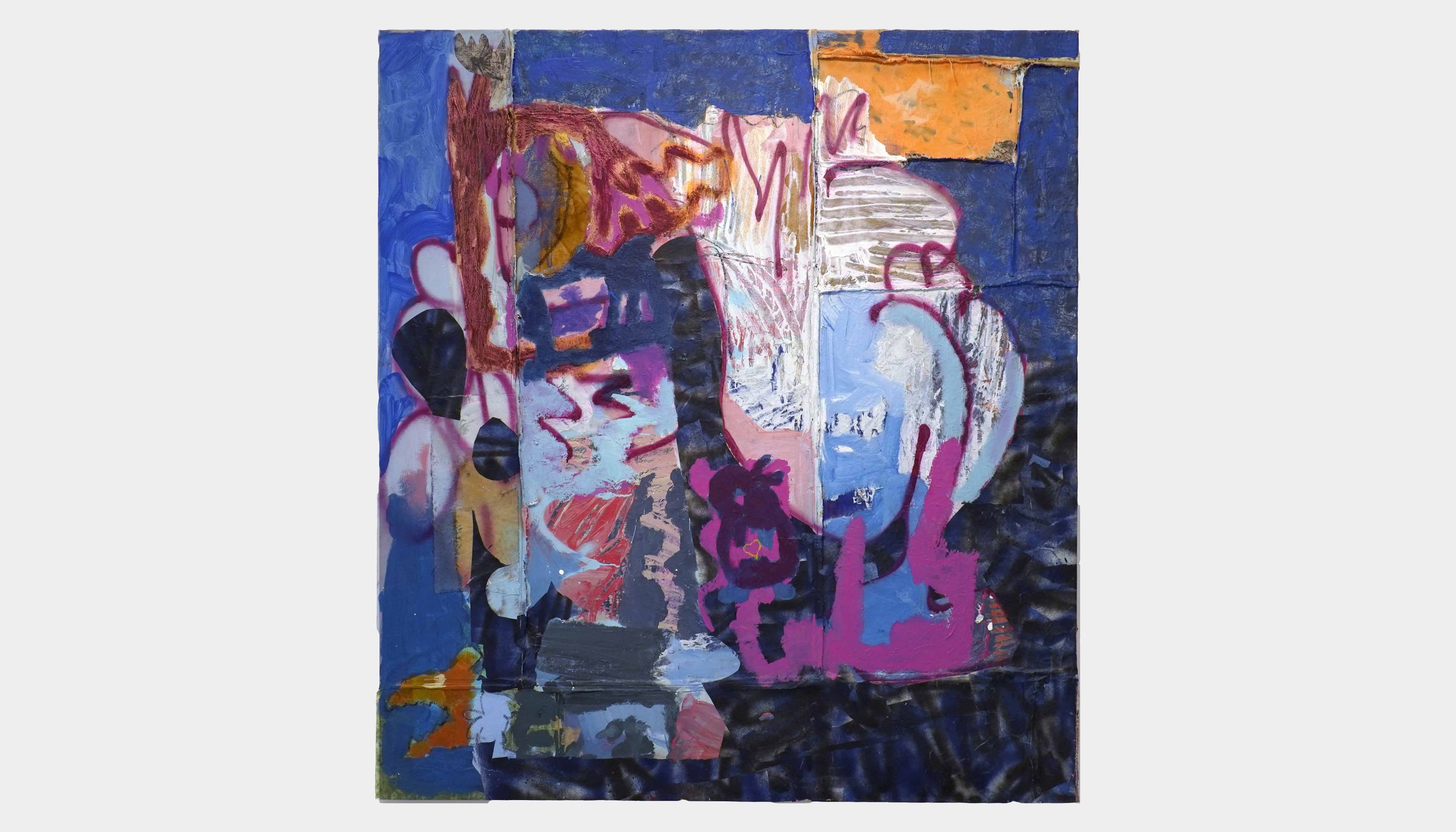 FireBall, Dyed Canvas, spray paint on Japanese paper,Oil and acrylic, 64” x 59”, 2021.