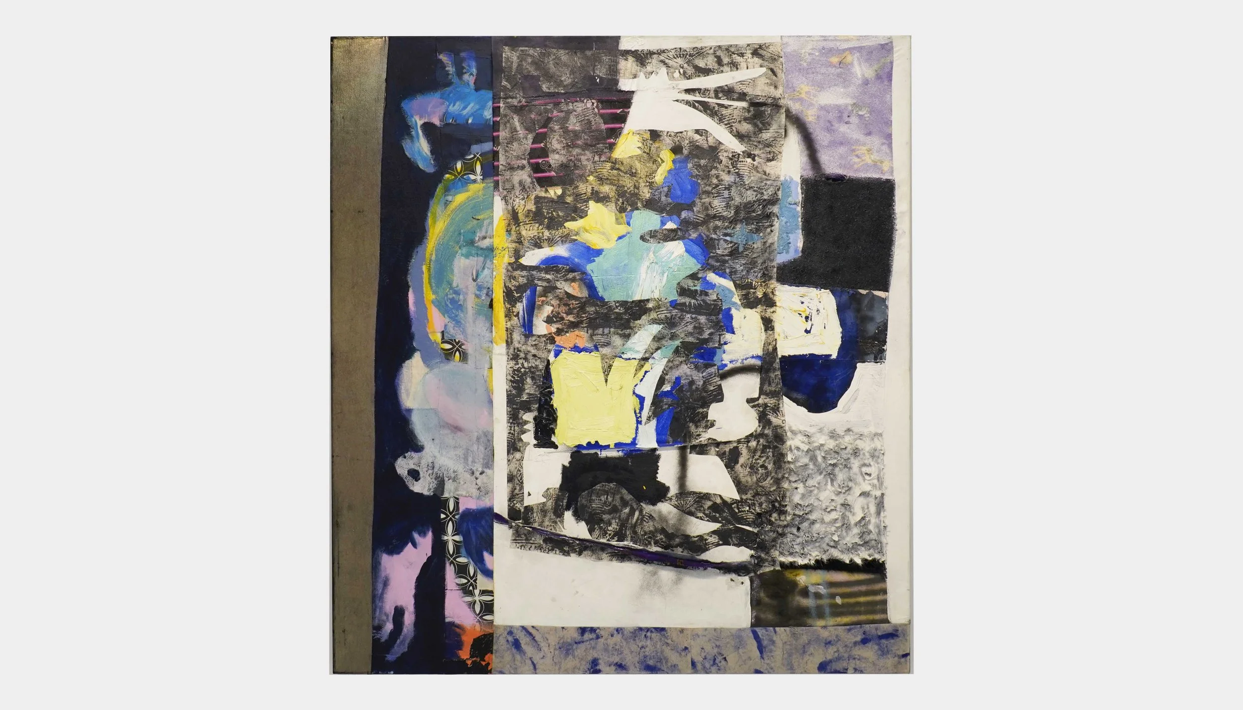 Humpty, Nylon, rock relief on canvas, found fabrics, oil paint, Anaglypta relief on Japanese paper, 64" x 59", 2021. 
