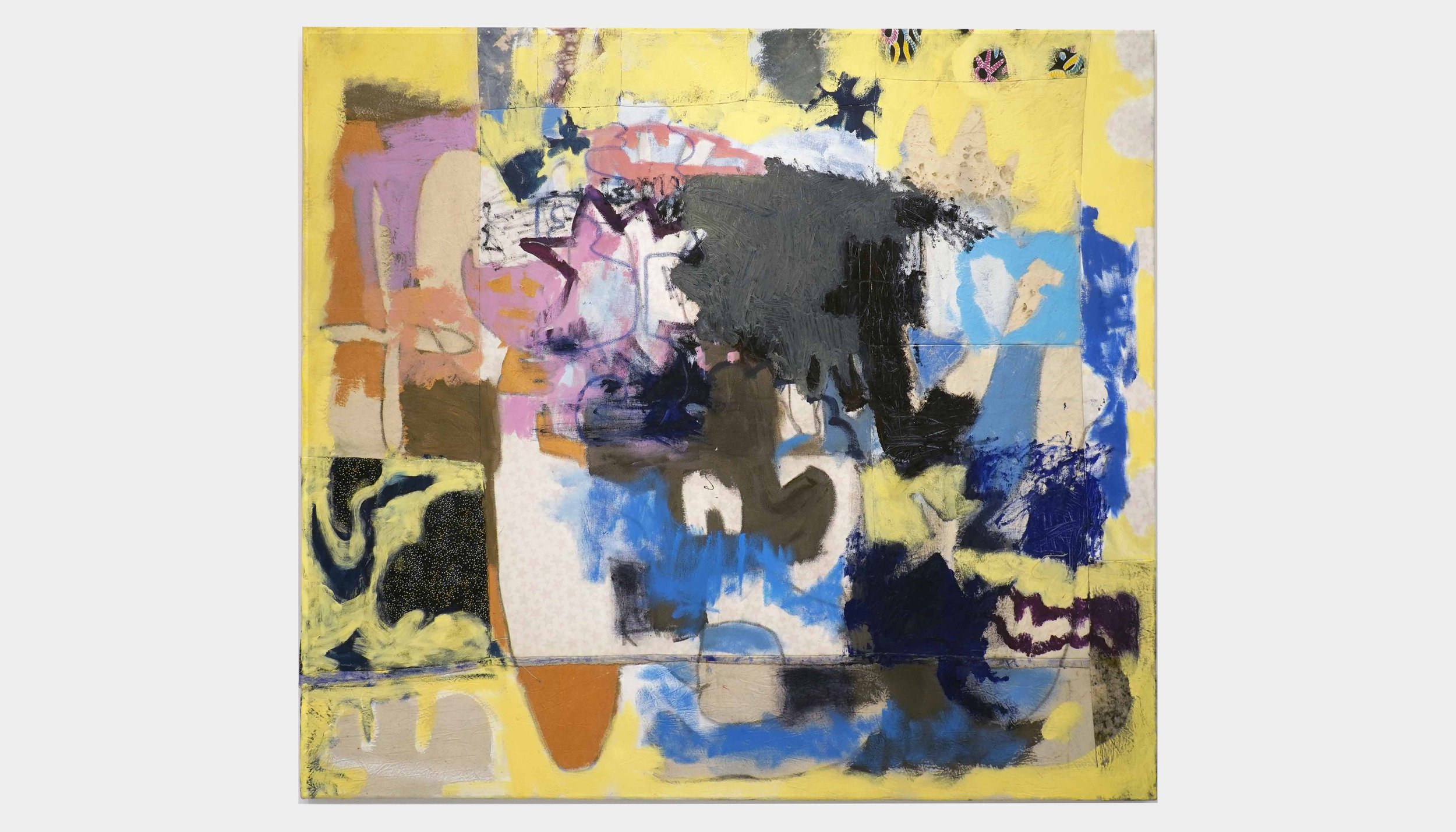 StarWinder, Cherry dyed canvas, star print canvas, found materials, bleach dyed canvas, oil and acrylic, 59" x 64", 2021.