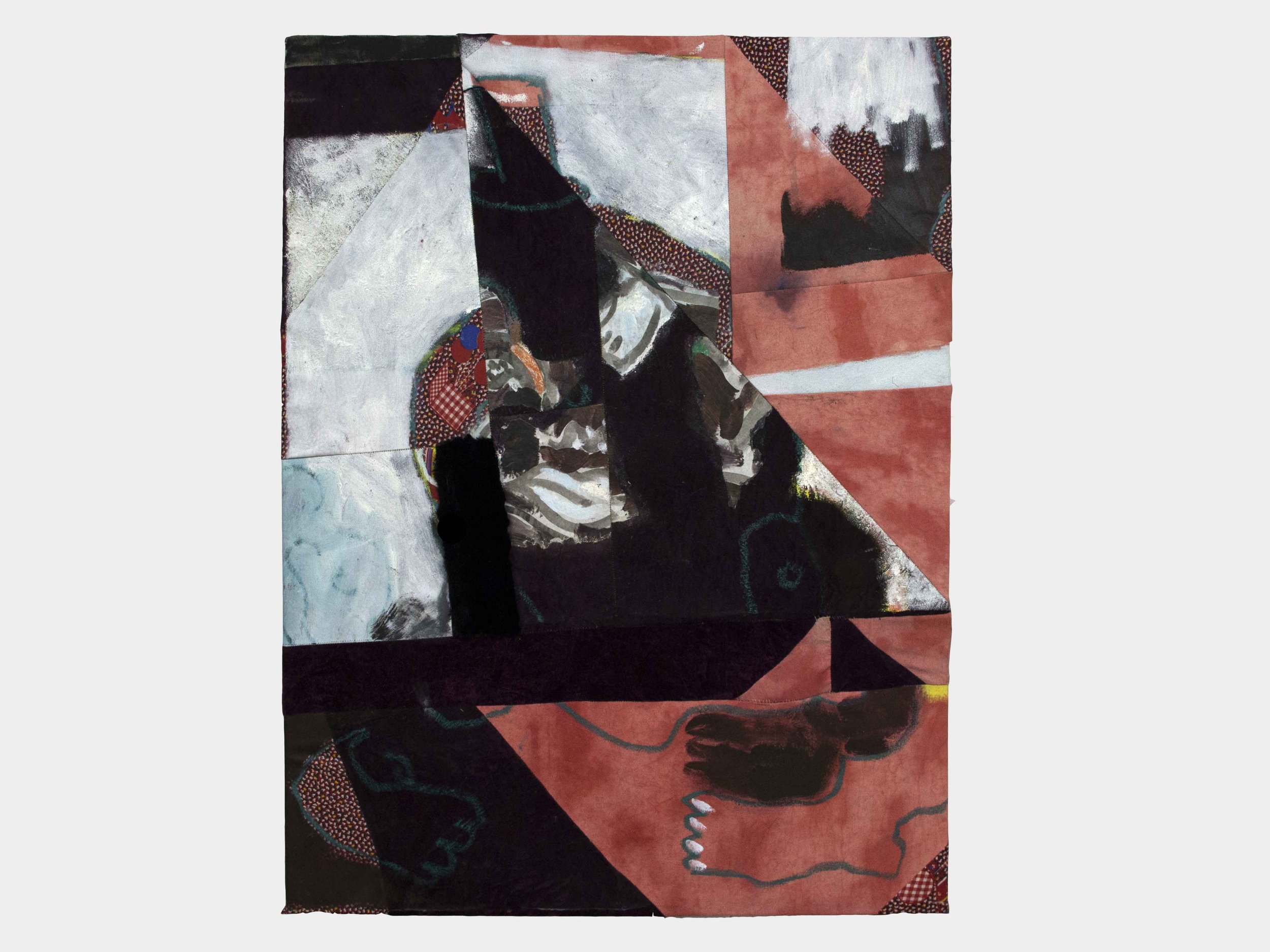 Humtpy, 35.5” x31”, Velvet, Synthetic Dye, Oil Paint and Stick,2026