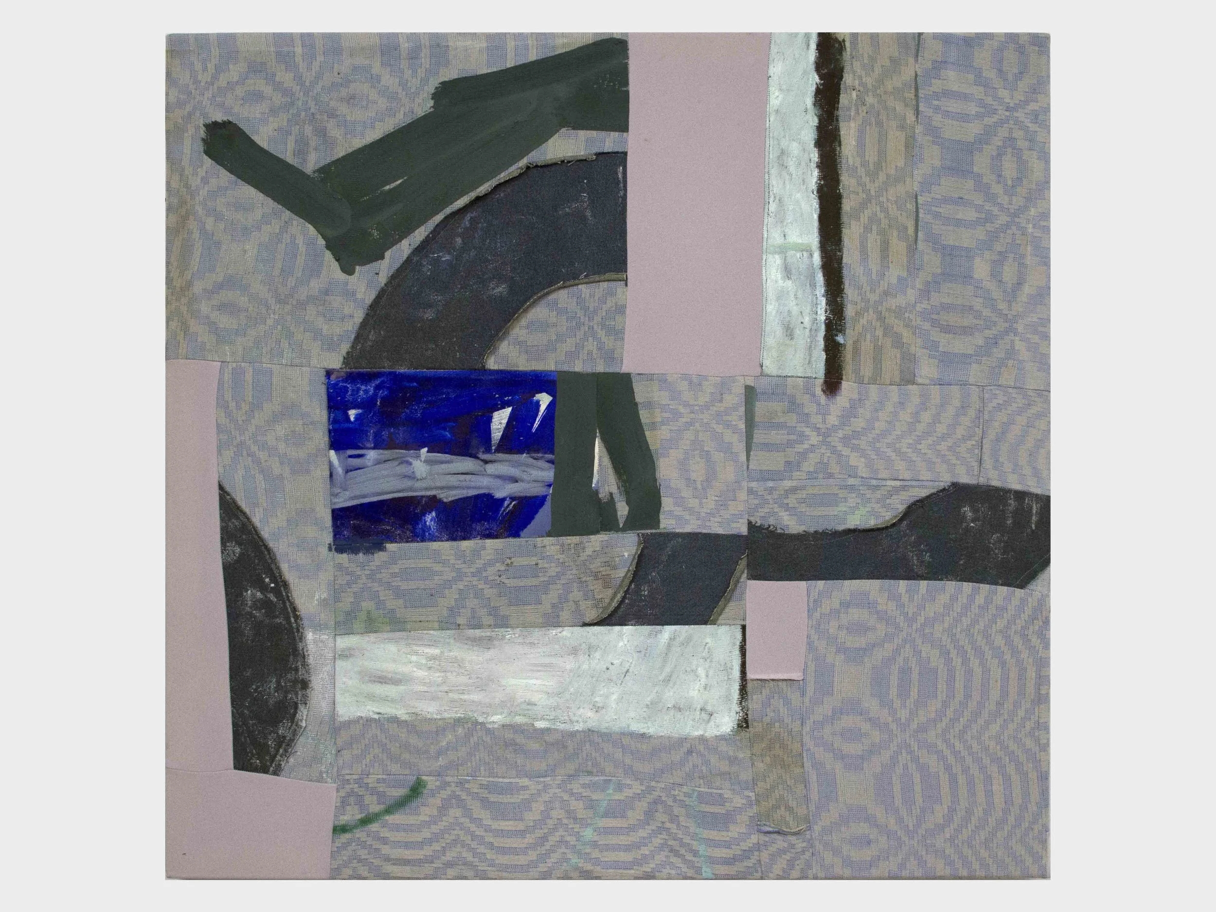Dumb Fish, 34” x 33”, Tablecloth, Denim, Oil Paint, 2026.
